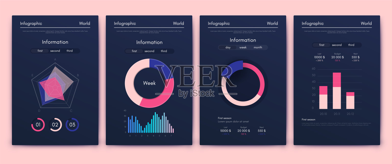 商业手册的现代信息图表向量元素。用于网站，公司宣传册，广告和市场营销。饼图，折线图，条形图和时间线。插画图片素材