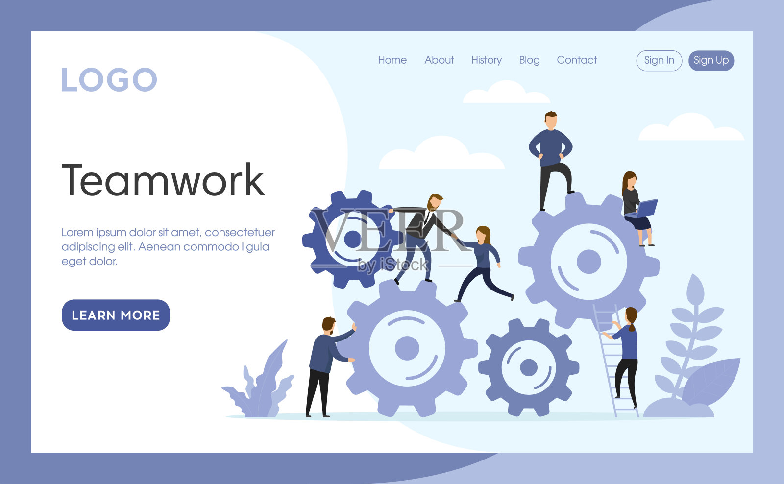 团队合作概念说明。矢量构成，平面卡通风格艺术。网页着陆界面模板与写作和设计元素。大齿轮机构附近有不同的商人插画图片素材