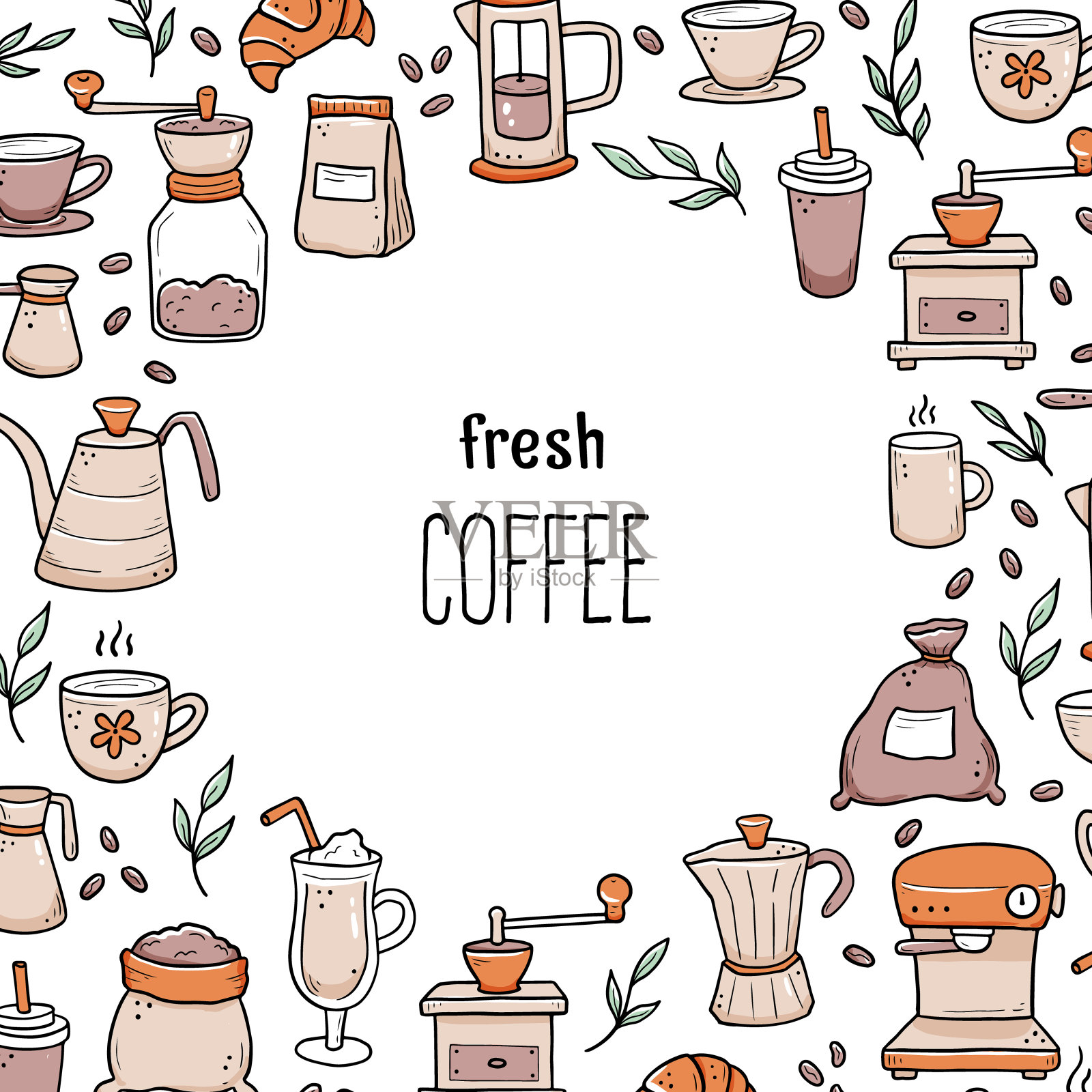手绘图标周围的新鲜咖啡题词插画图片素材