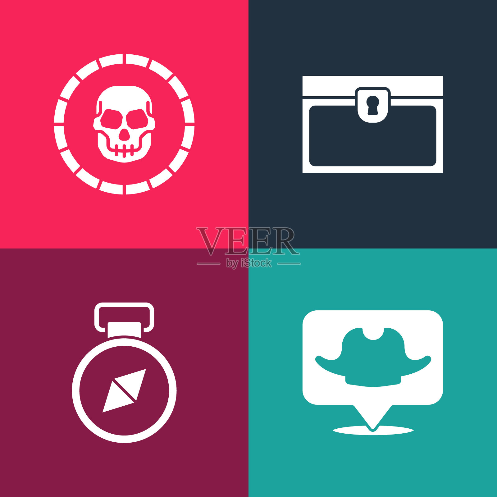 设置流行艺术定位海盗，指南针，古董宝箱和海盗硬币图标。向量图标素材