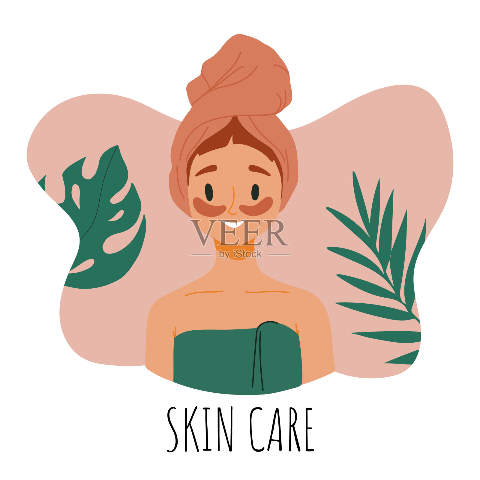 皮肤护理常规。少女面部肌肤，有机天然化妆品。韩国化妆品。女人在毛巾肖像与眼罩，护理用品。美容程序矢量卡通图标。脸护理。插画图片素材