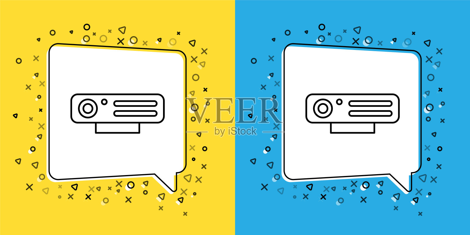 设置线网络摄像头图标隔离在黄色和蓝色背景。摄像头聊天。摄像头图标。向量插画图片素材