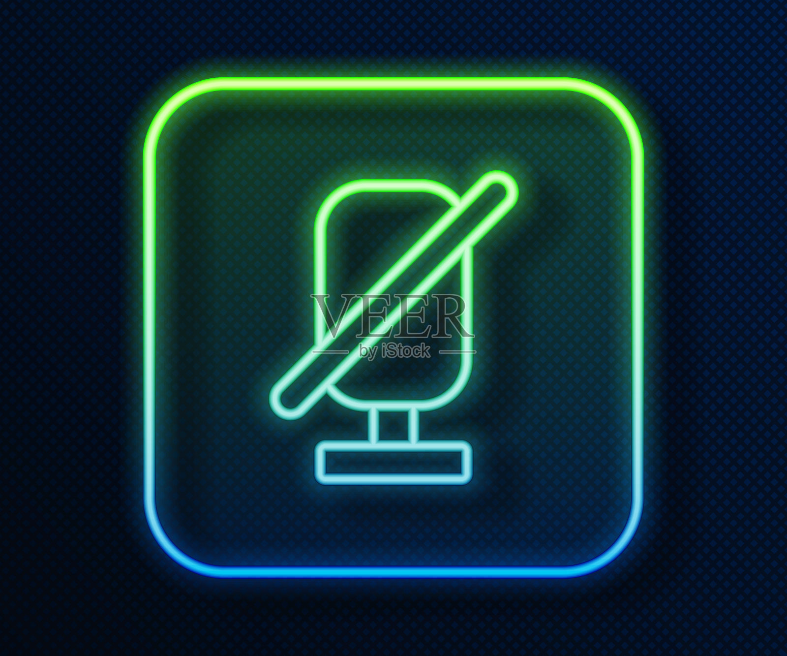 发光的霓虹灯线静音麦克风图标隔离在蓝色背景。麦克风音频有限。向量图标素材