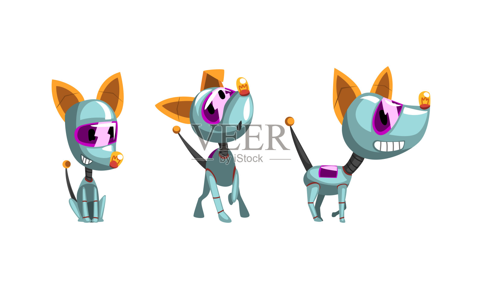 可爱的狗机器人设置，有趣的电子宠物动物卡通矢量插图插画图片素材