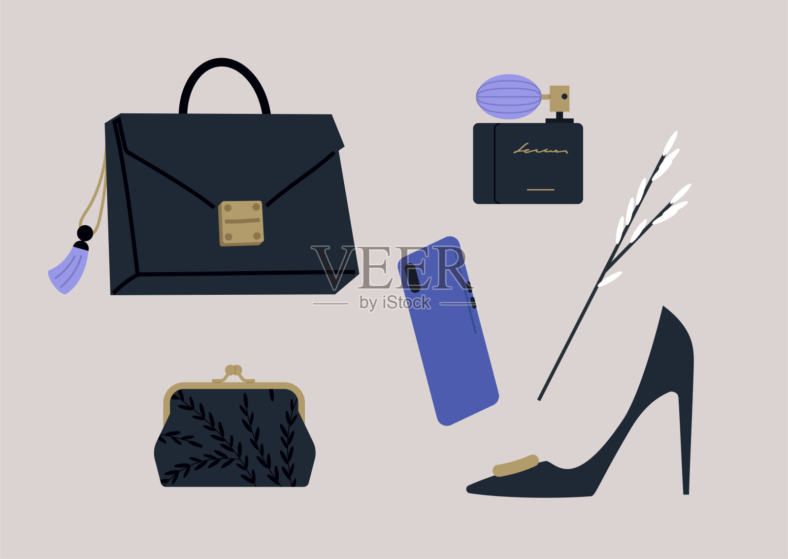 一套黑色的高级时尚配饰，一个带流苏钥匙链的手袋，一瓶带抽头的香水，一个带扣的丝质钱包，一个手机，一双优雅的高跟鞋插画图片素材