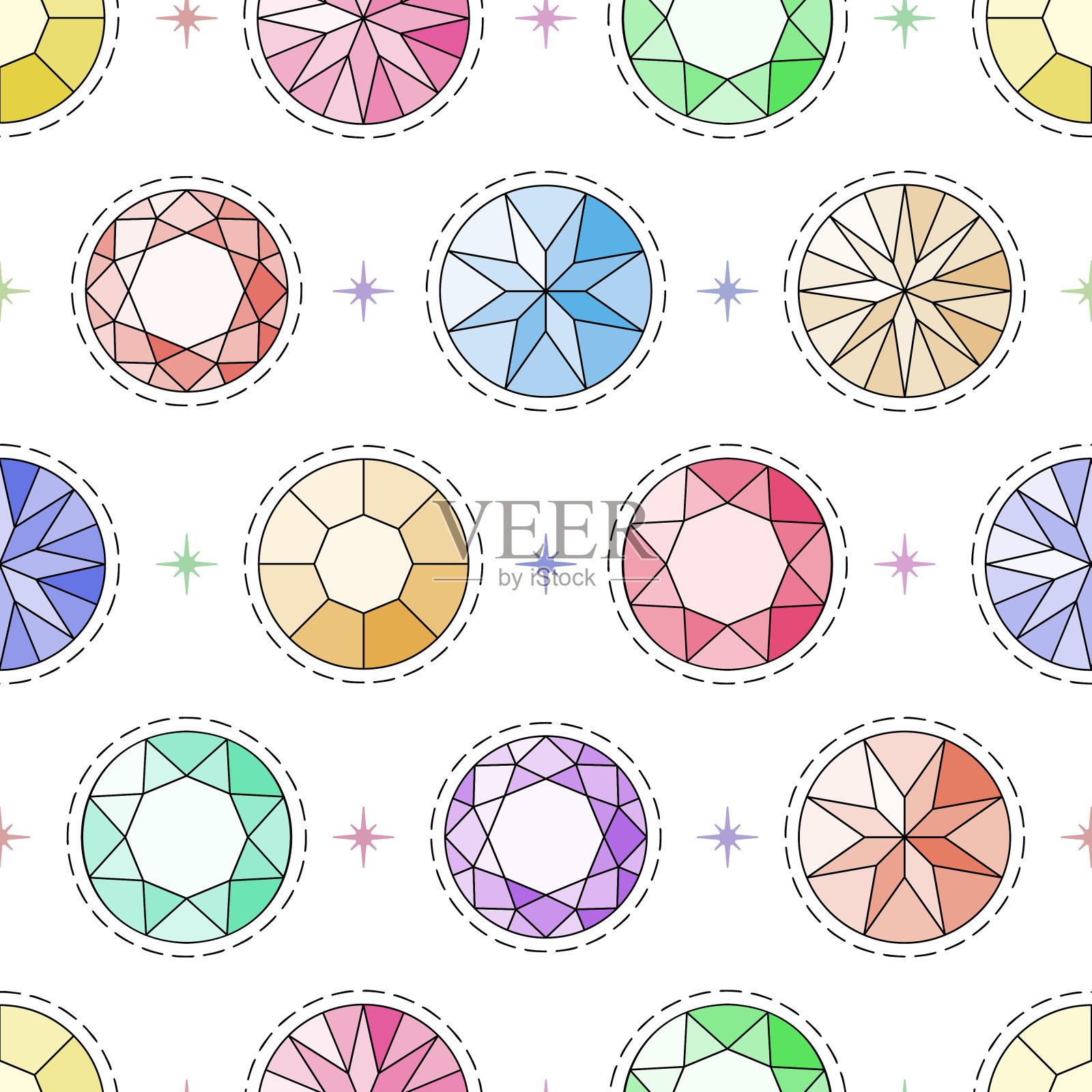 无缝图案与圆切宝石和不同的颜色。矢量图插画图片素材