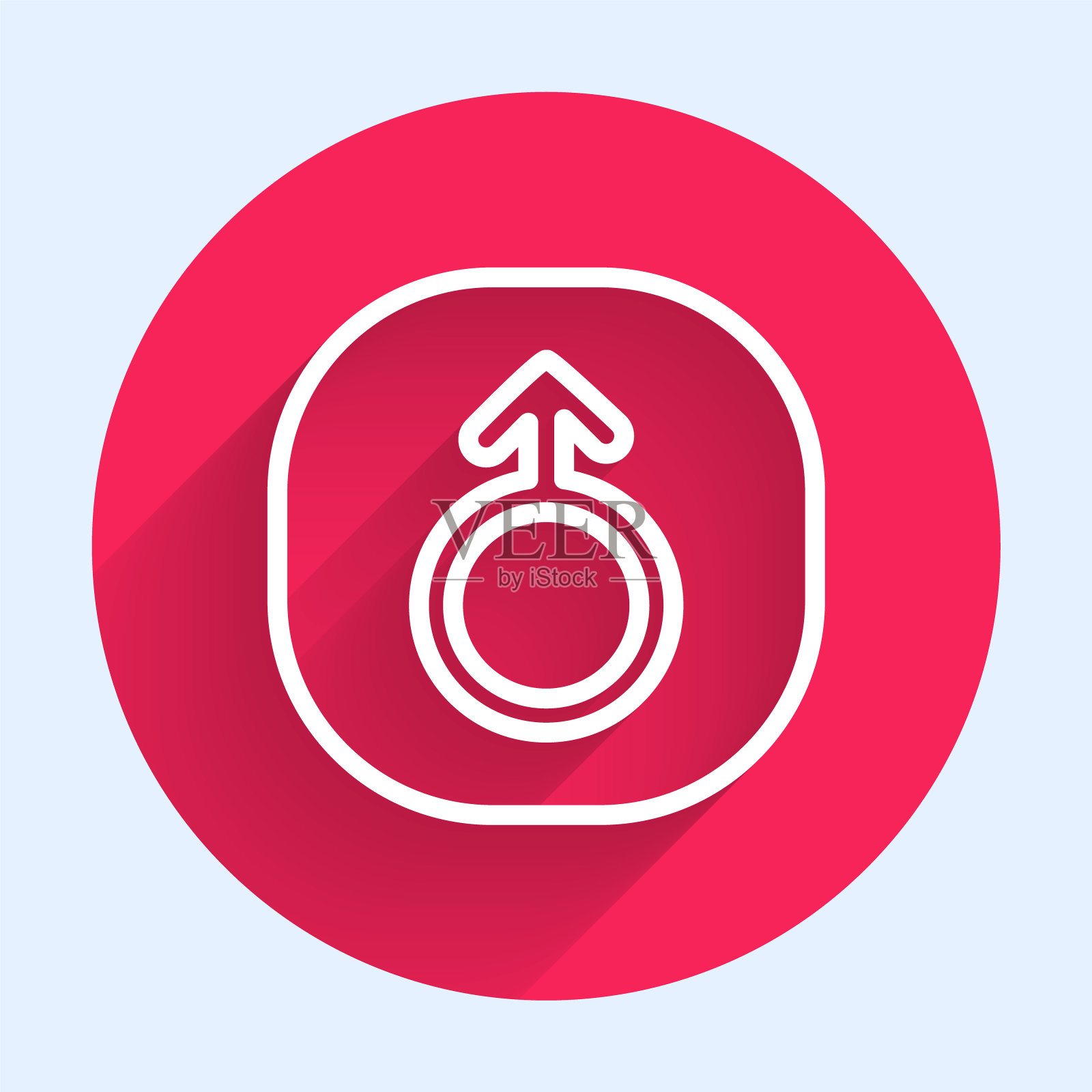 白线标志火星图标孤立与长阴影。占星术，命理学，占星术，天文学。红色圆圈按钮。向量图标素材