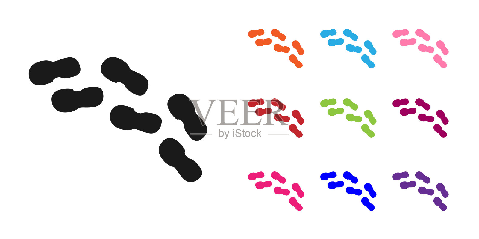 黑色人类脚印鞋图标孤立在白色背景上。鞋鞋底。设置图标丰富多彩。向量插画图片素材