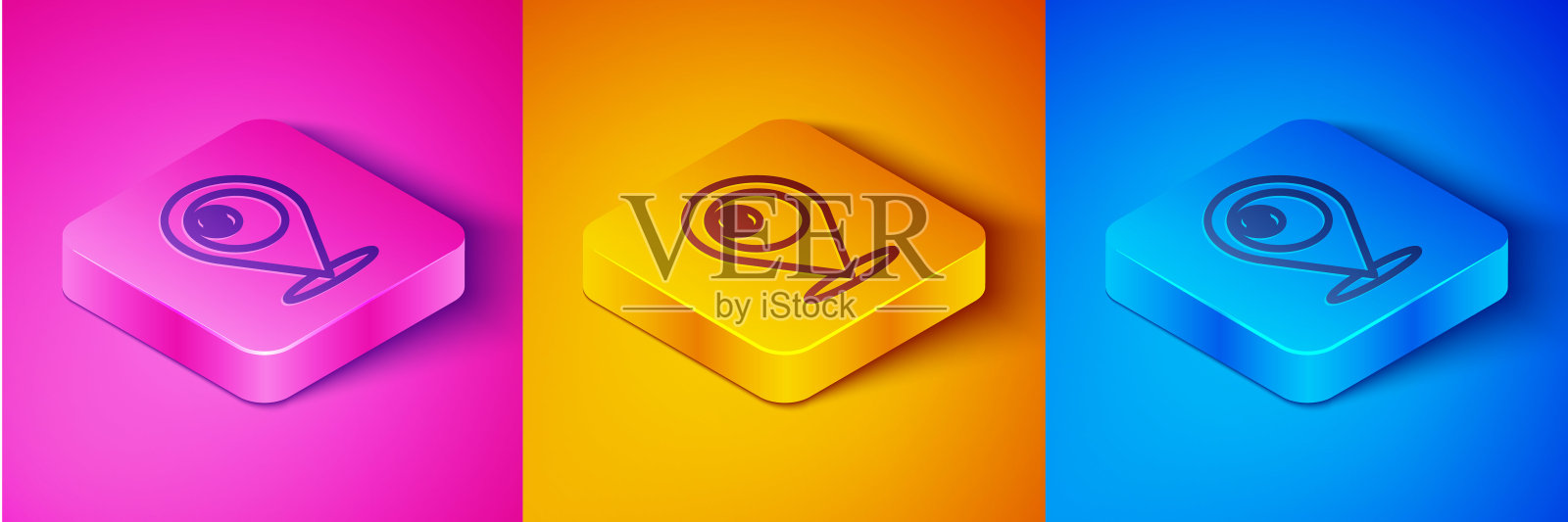 等距线地图指针与台球池斯诺克球8号图标孤立在粉红色和橙色，蓝色背景。方形按钮。向量图标素材