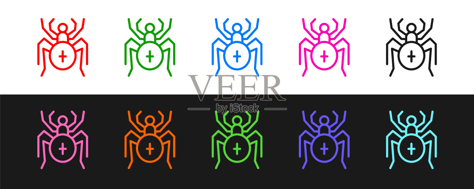 设置线蜘蛛图标孤立的黑白背景。快乐的万圣节派对。向量插画图片素材