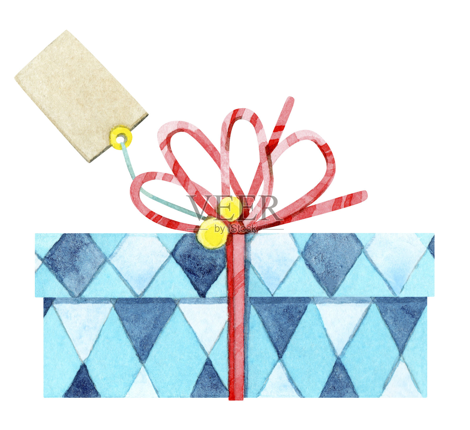 手绘水彩画的礼物盒孤立在一个白色的背景。盒子上装饰着绳子、铃铛、一个红色的蝴蝶结和标签。为装饰寒假，新年，圣诞快乐。插画图片素材