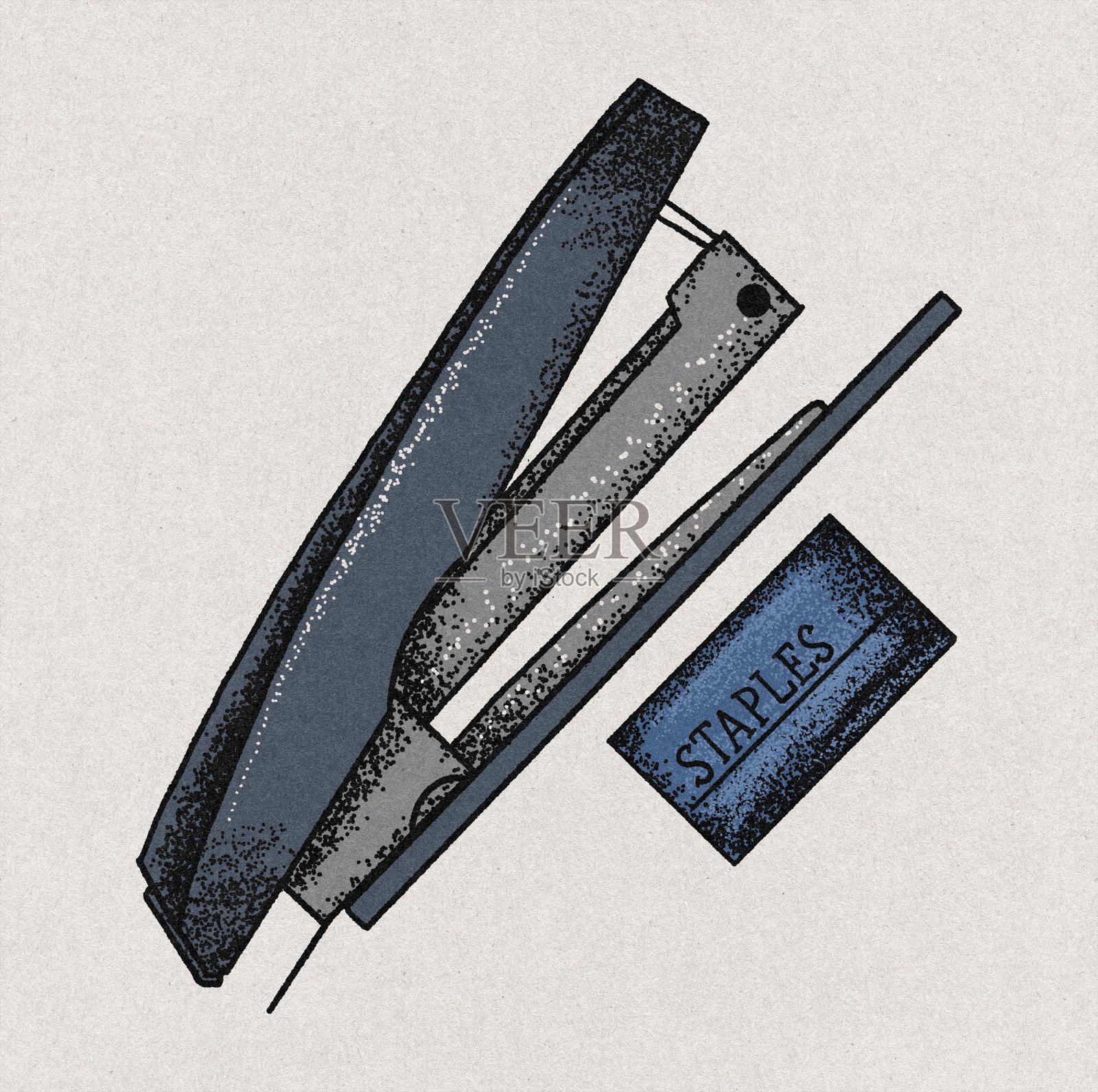学习和办公用品:订书机和回形针。在复古风格。纹理的插图。半色调。用于海报，请柬，横幅，学校插图，办公室装饰插画图片素材