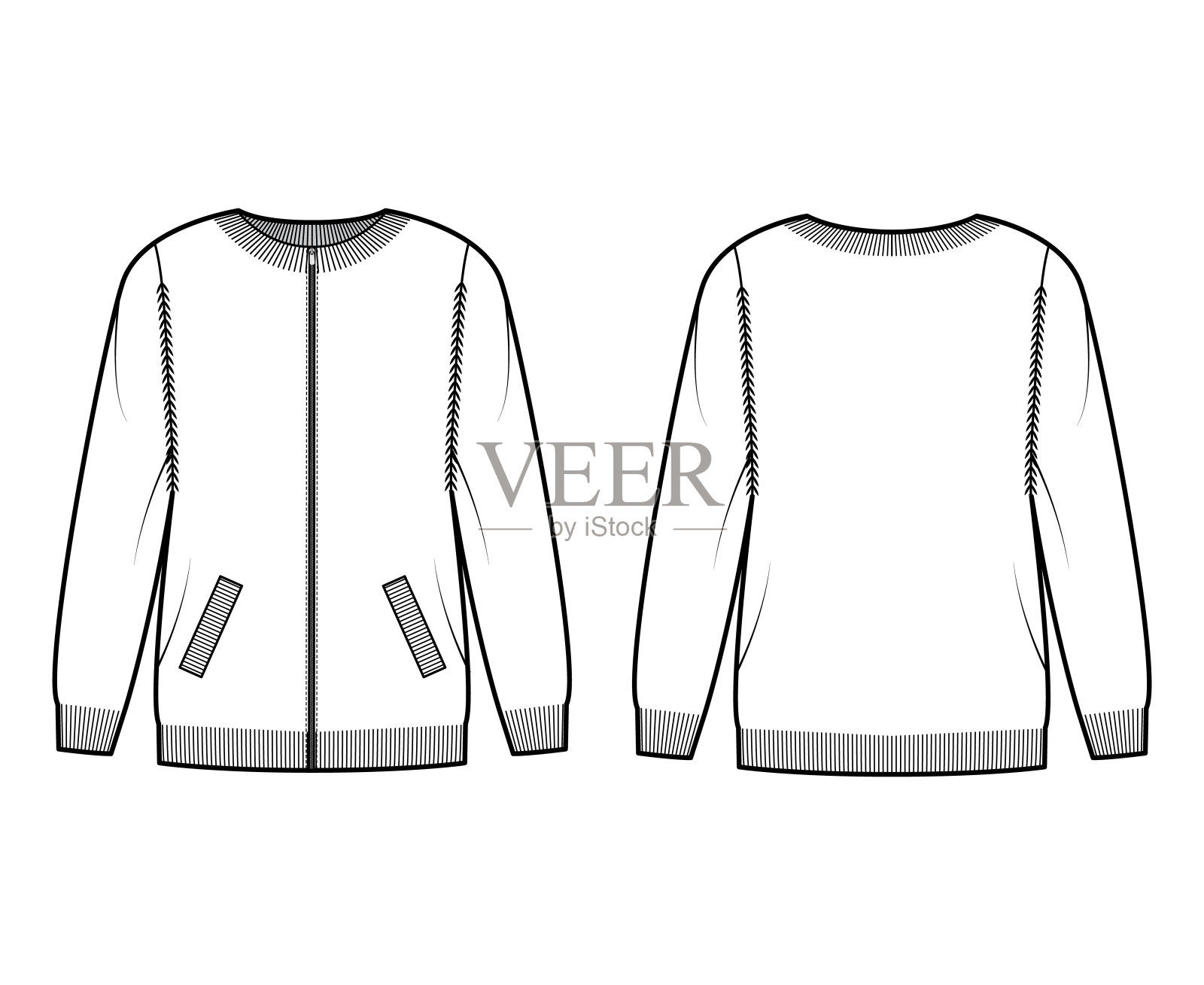 拉链开襟羊毛衫技术时尚插图，罗纹圆领，长袖，超大号，针织花边，口袋插画图片素材