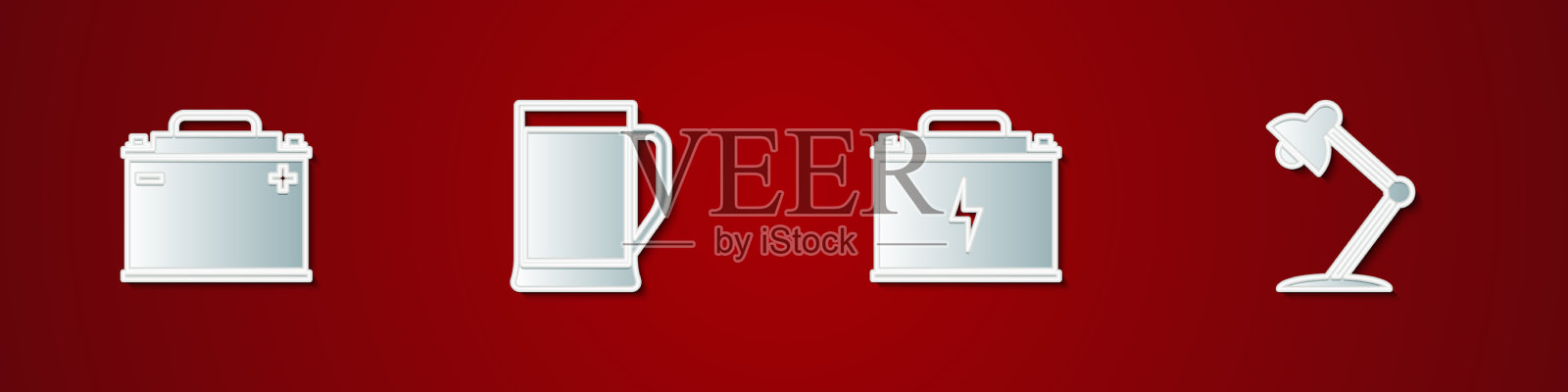 设置汽车电池玻璃啤酒和台灯插画图片素材