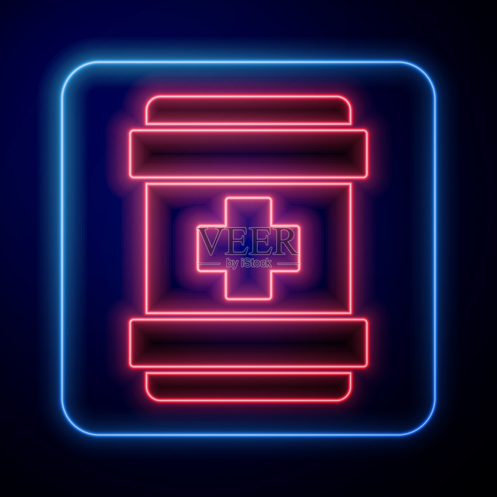 发光的霓虹灯急救箱图标孤立在蓝色插画图片素材