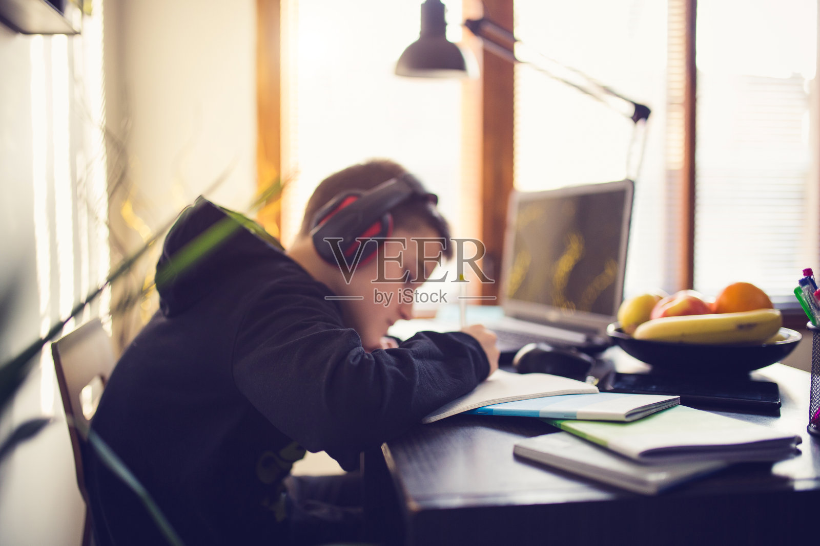 用书和电脑做作业的孩子照片摄影图片