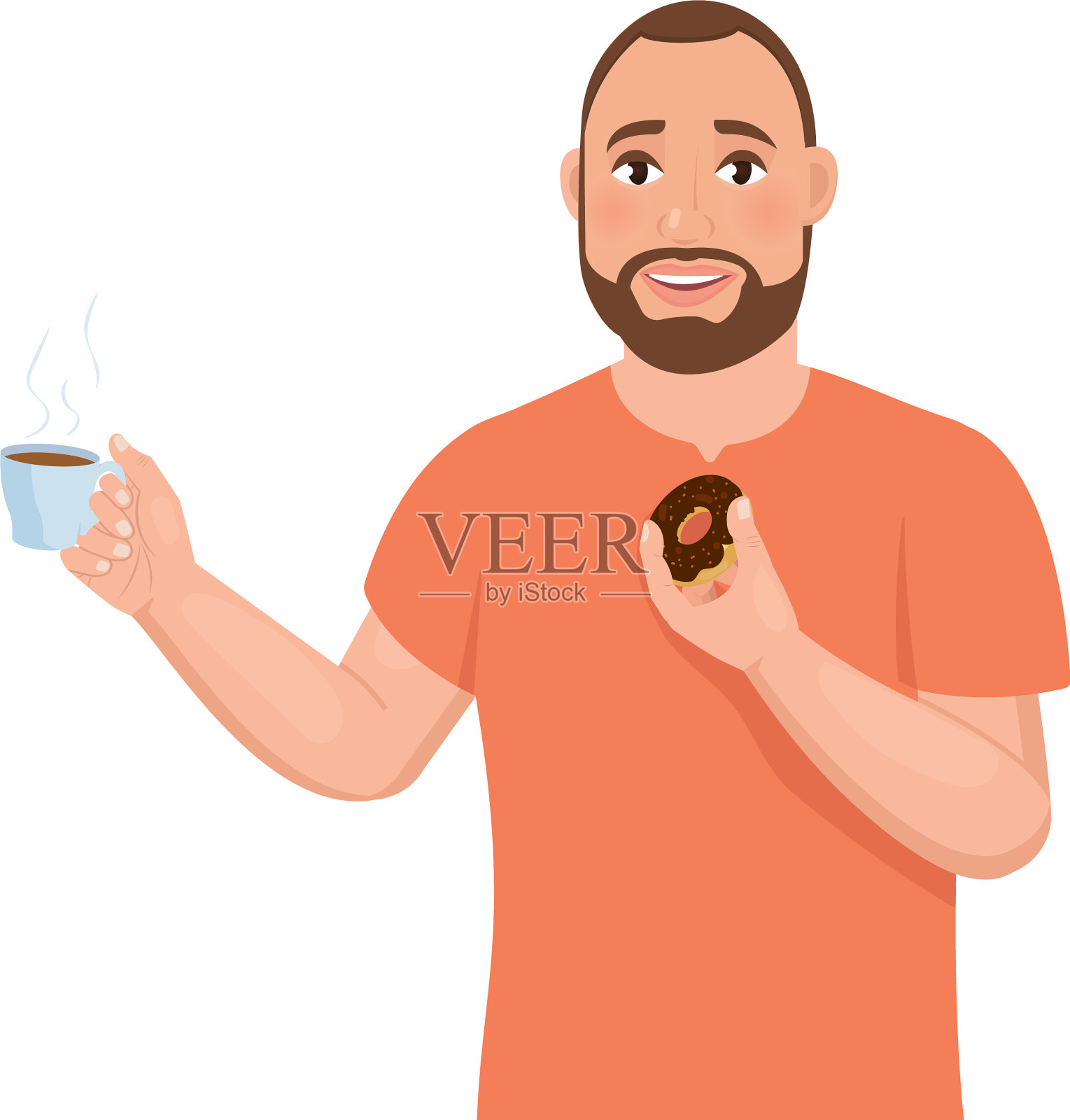 一个留着胡子的年轻人拿着一杯咖啡插画图片素材