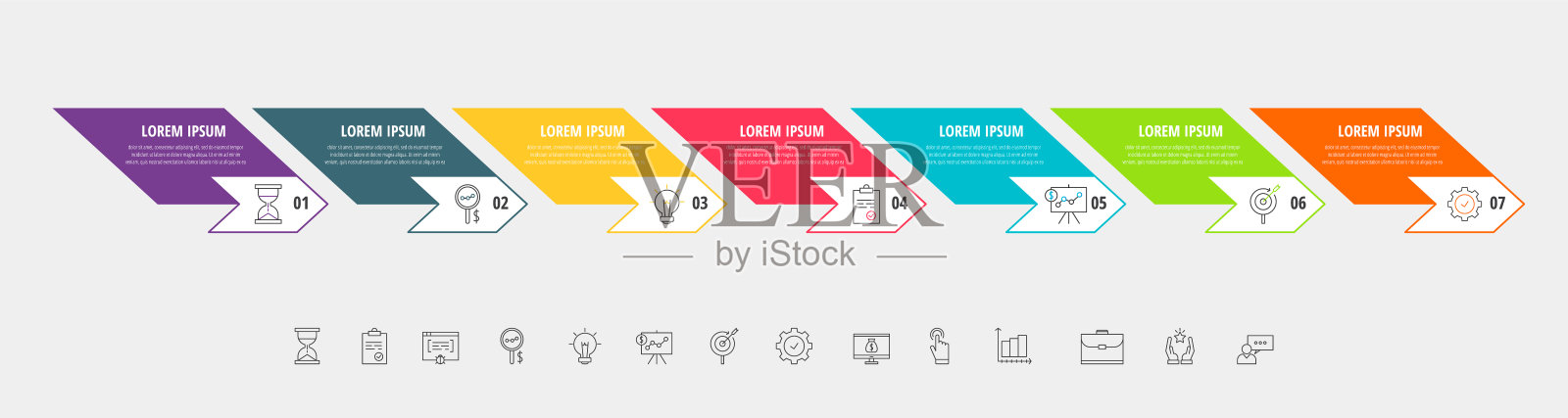 矢量信息图与7步，箭头，数字，图标。时间轴用于图表，图表，工作流布局，演示，信息图，内容，层次，图表，流程图插画图片素材