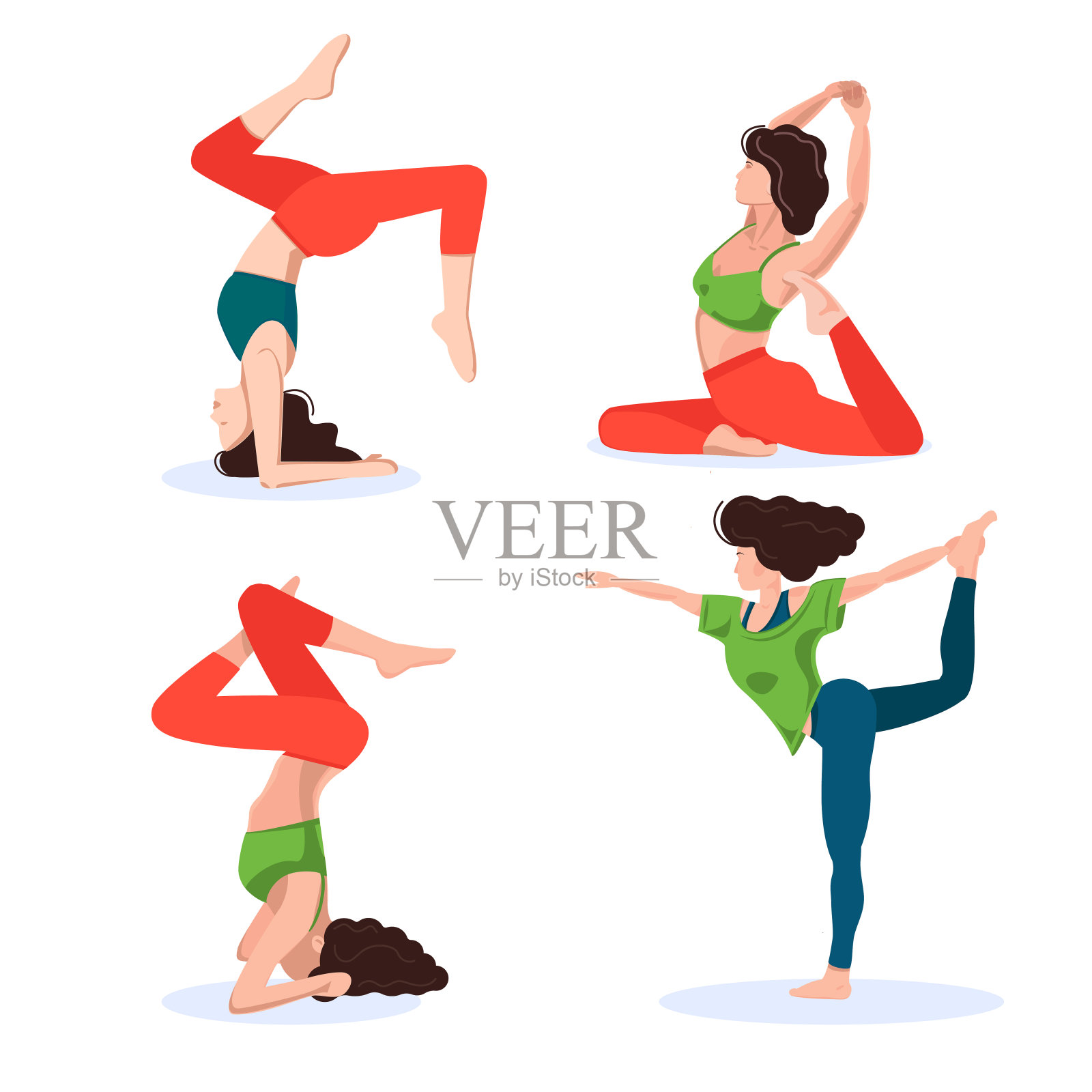 一组瑜伽体式。一个年轻的瘦女人正在接受指导和伸展。插画图片素材