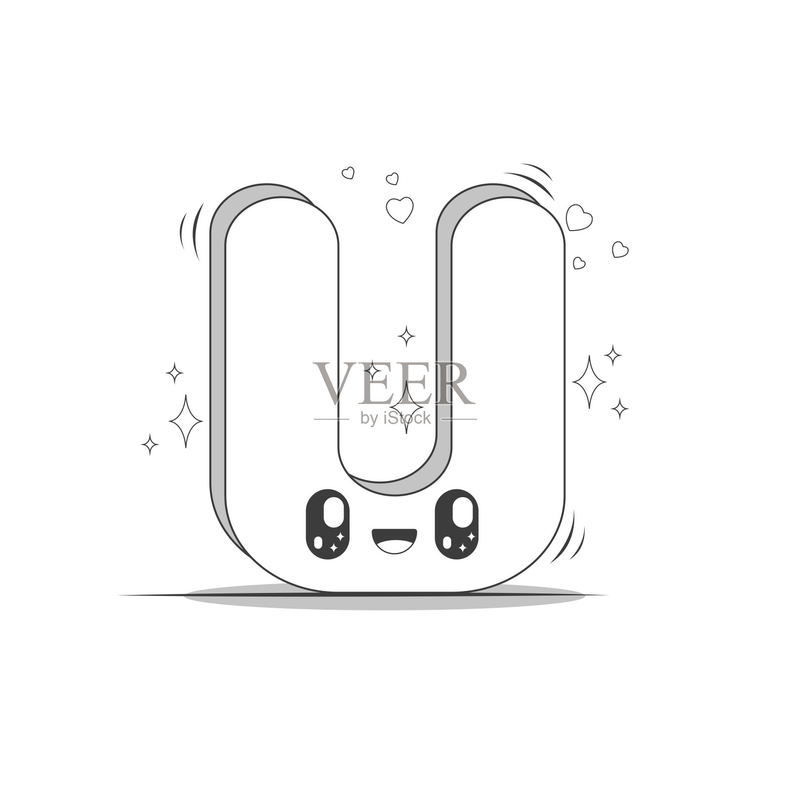 3D大写字母U在黑白卡哇伊风格。孤立的字母与柔和的颜色背景。插画图片素材