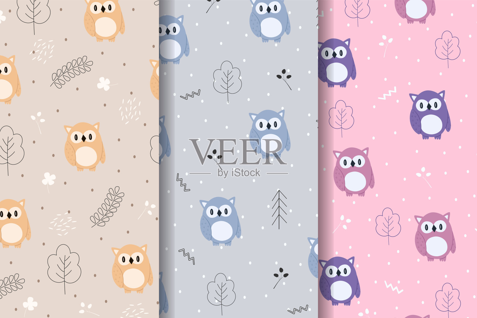 三套无缝矢量图案的有趣卡通猫头鹰在森林。北欧风格。背景壁纸印刷。儿童卡通人物。设计元素图片