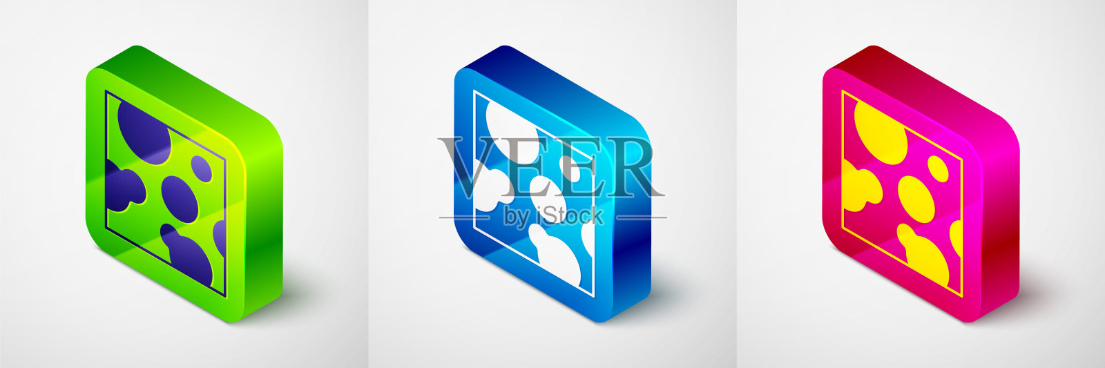 等距奶酪图标孤立在灰色背景。方形按钮。向量图标素材