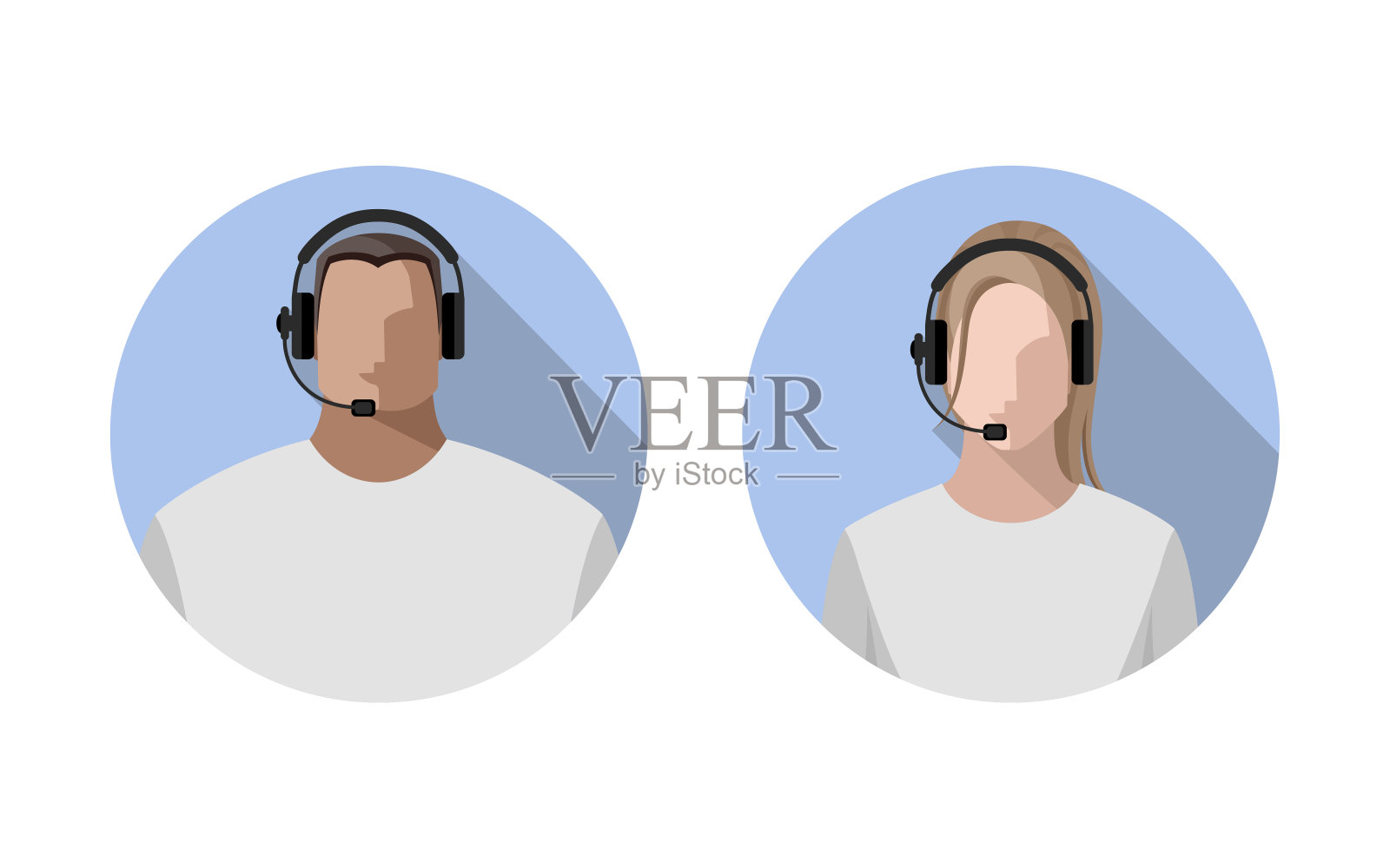 操作员都是年轻男女上网，戴着耳机，带着麦克风，头戴耳机插画图片素材