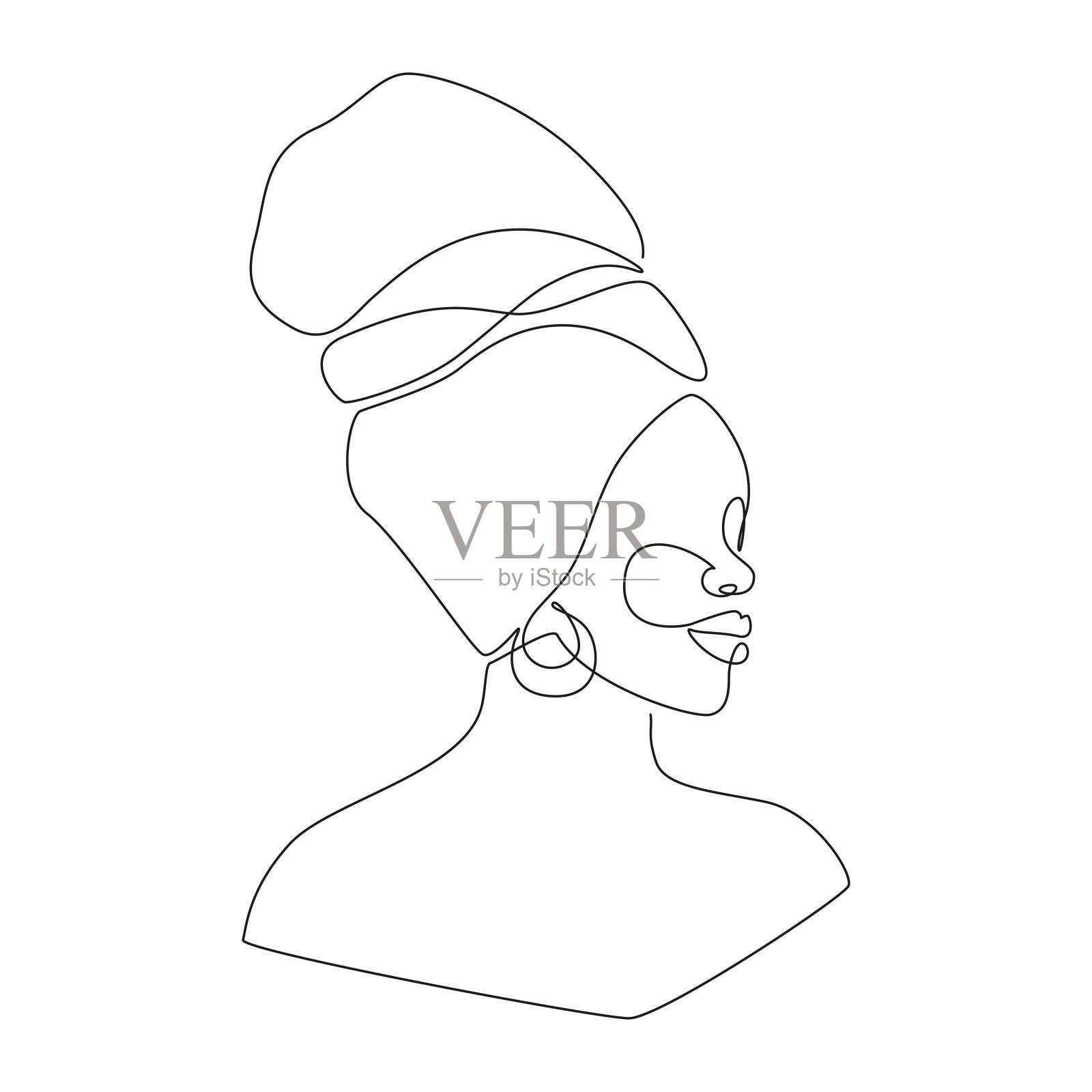 一张非洲妇女的脸。裹头巾的美女肖像。抽象现代矢量插图的标志，印刷，t恤，徽章，墙壁艺术。可编辑的中风插画图片素材