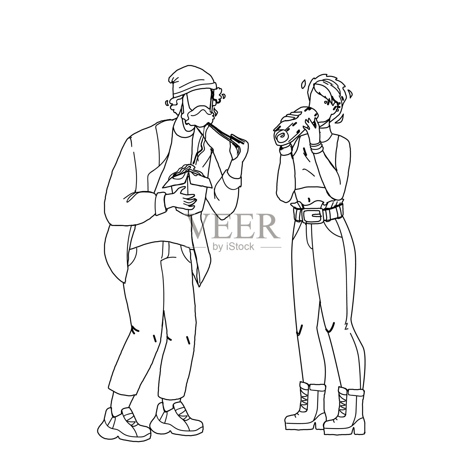 街头小吃吃男孩和女孩夫妇矢量插画图片素材