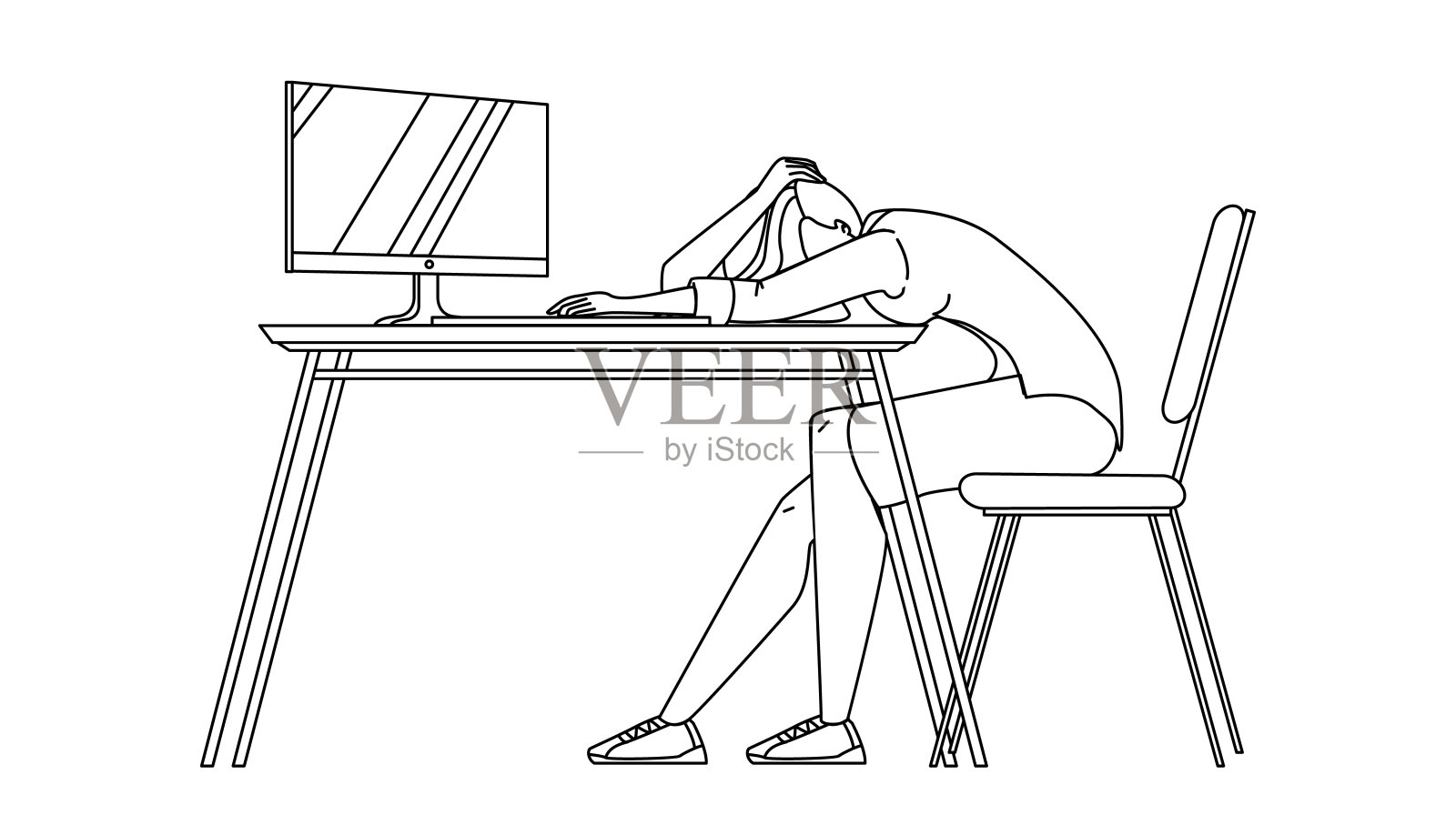 职场女性在办公桌上睡觉插画图片素材