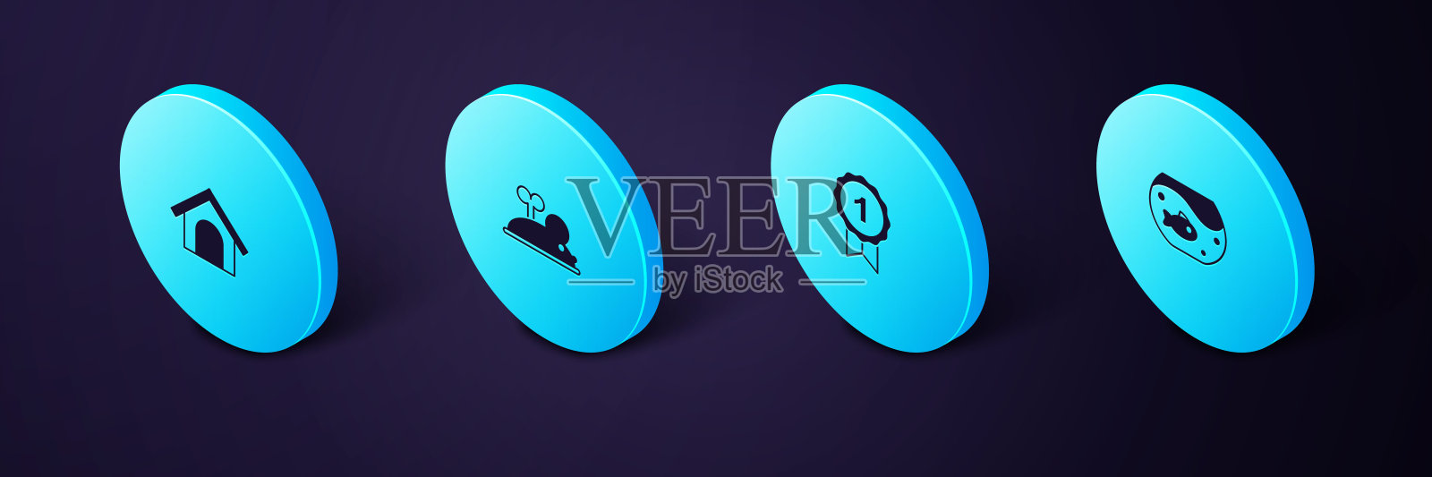 设置等角水族馆与鱼，狗奖励符号，发条鼠标和房子图标。向量图标素材