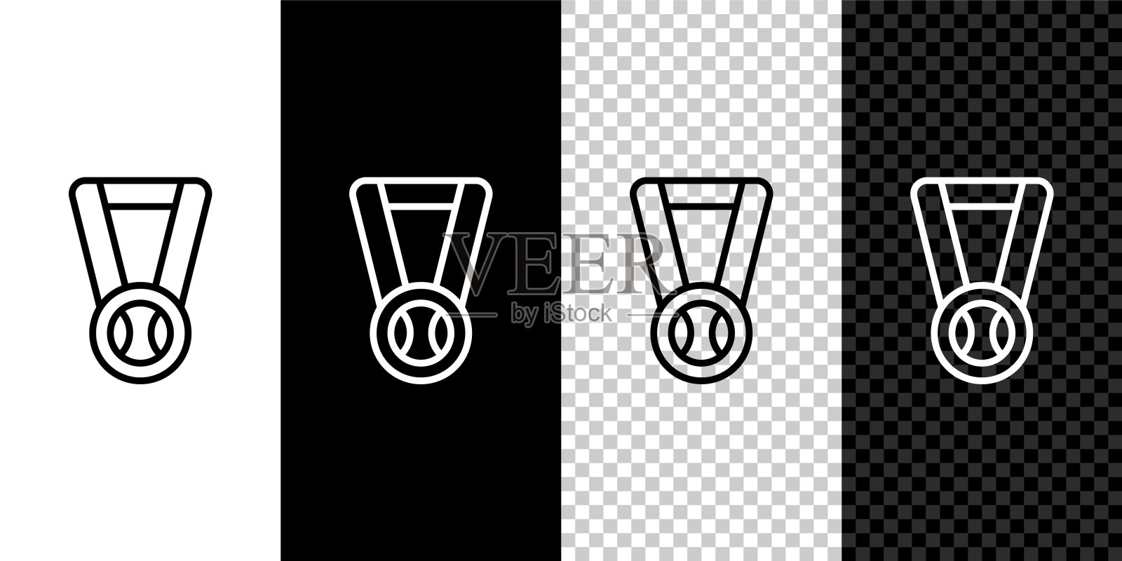 设置线奖章与棒球图标隔离在黑色和白色，透明的背景。赢家的象征。向量图标素材