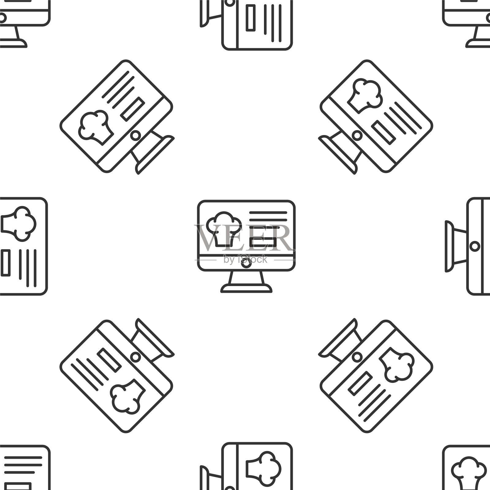 灰色线在线订餐和快餐外卖图标隔离无缝模式的白色背景。向量插画图片素材