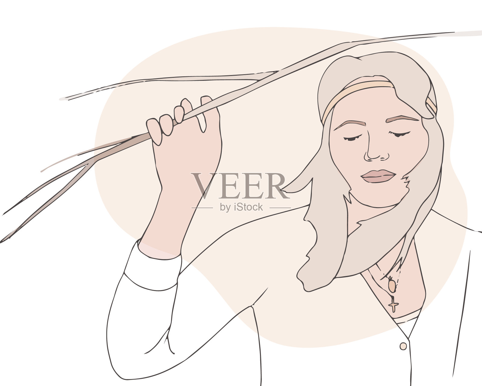 一个年轻抽象的女孩遇到了体重和夏天。她的头发在风中飘动。那位妇女用手抓着一根树枝。线条艺术，矢量插图手绘插画图片素材