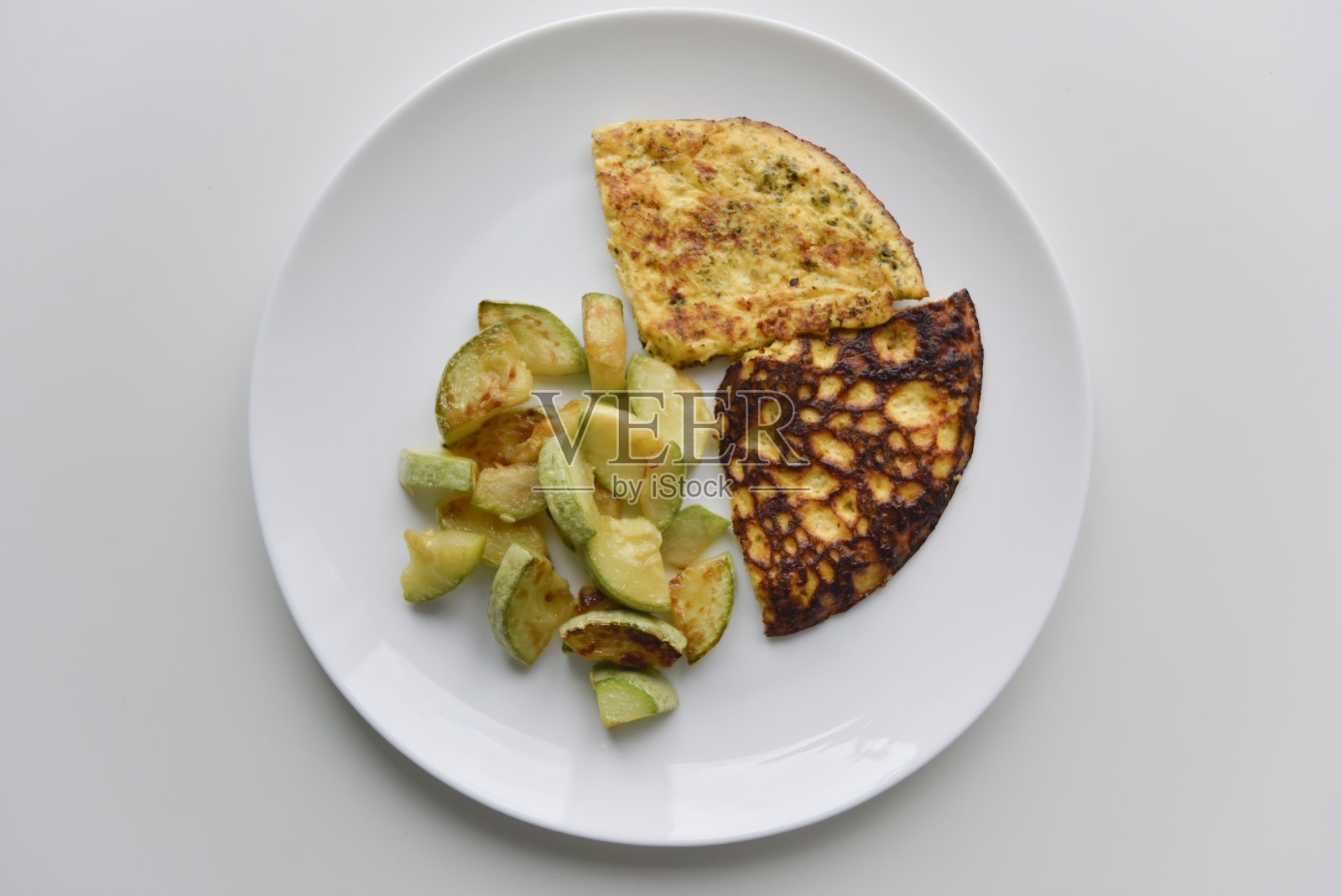 俯视图在早餐上的白色盘子。煎蛋、西葫芦照片摄影图片