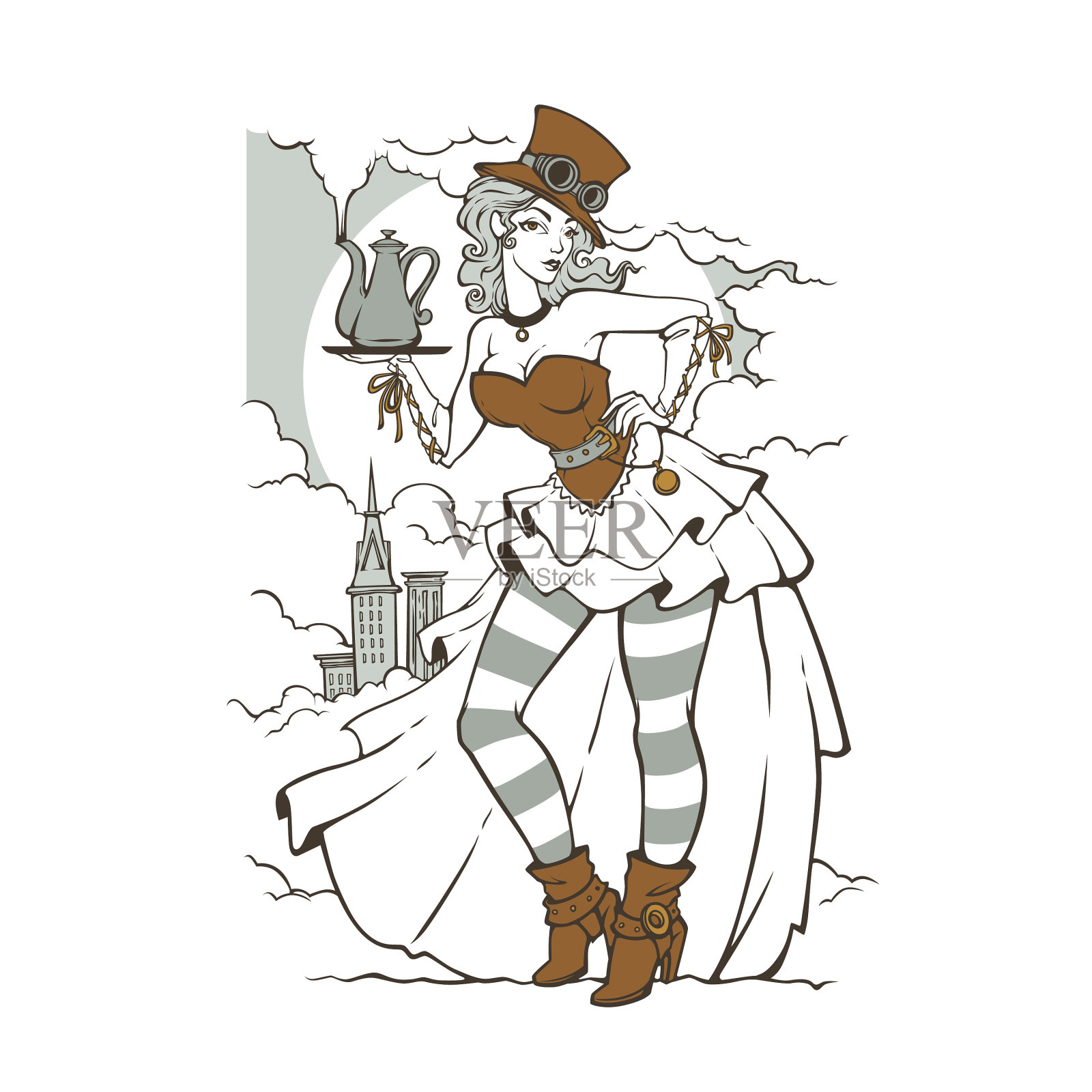 蒸汽朋克女孩拿着咖啡壶设计元素图片