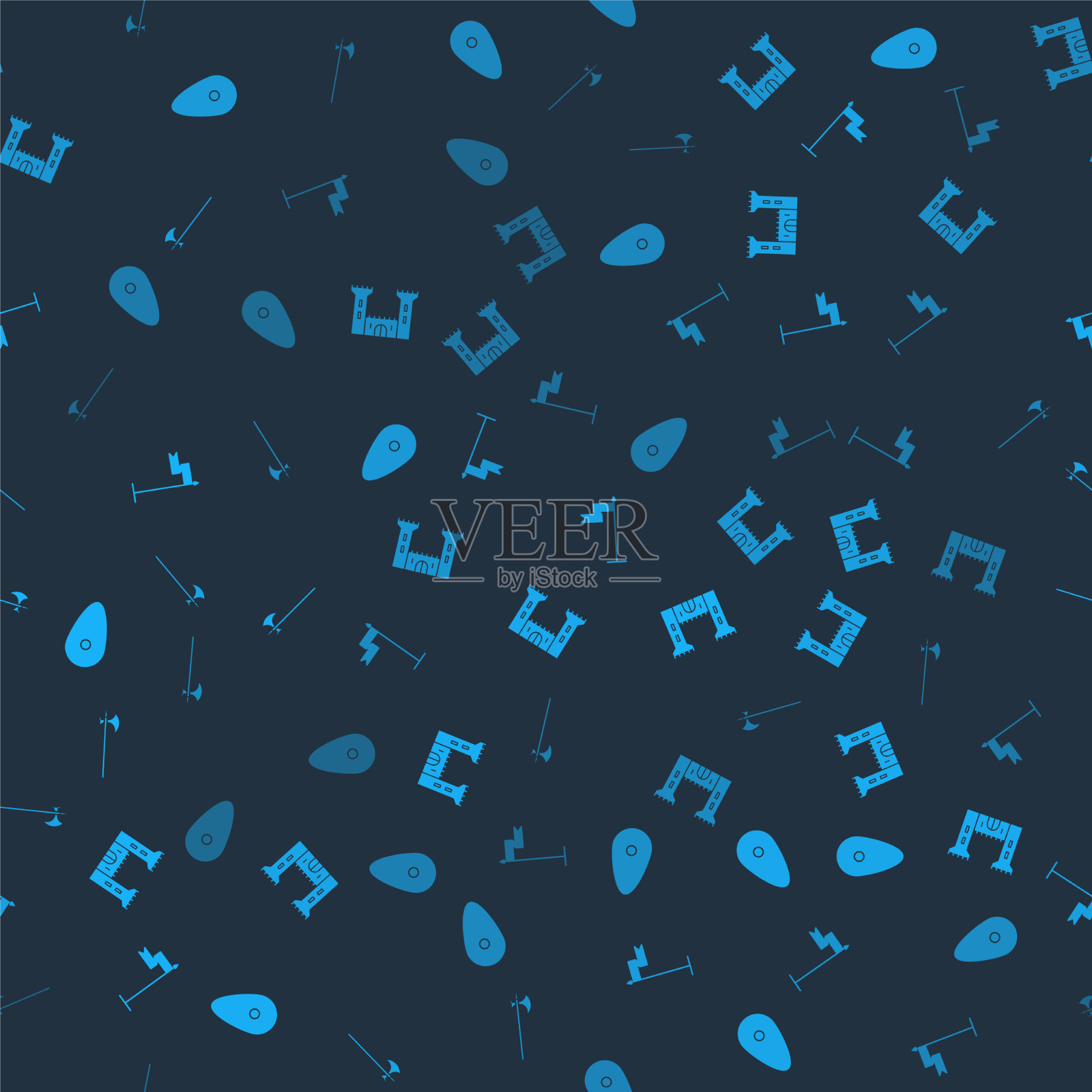 设置盾牌城堡中世纪旗帜和戟图标素材