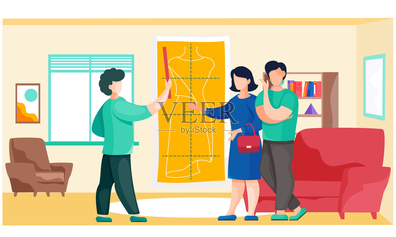 裁缝和客户在时装工作室工作室插画图片素材