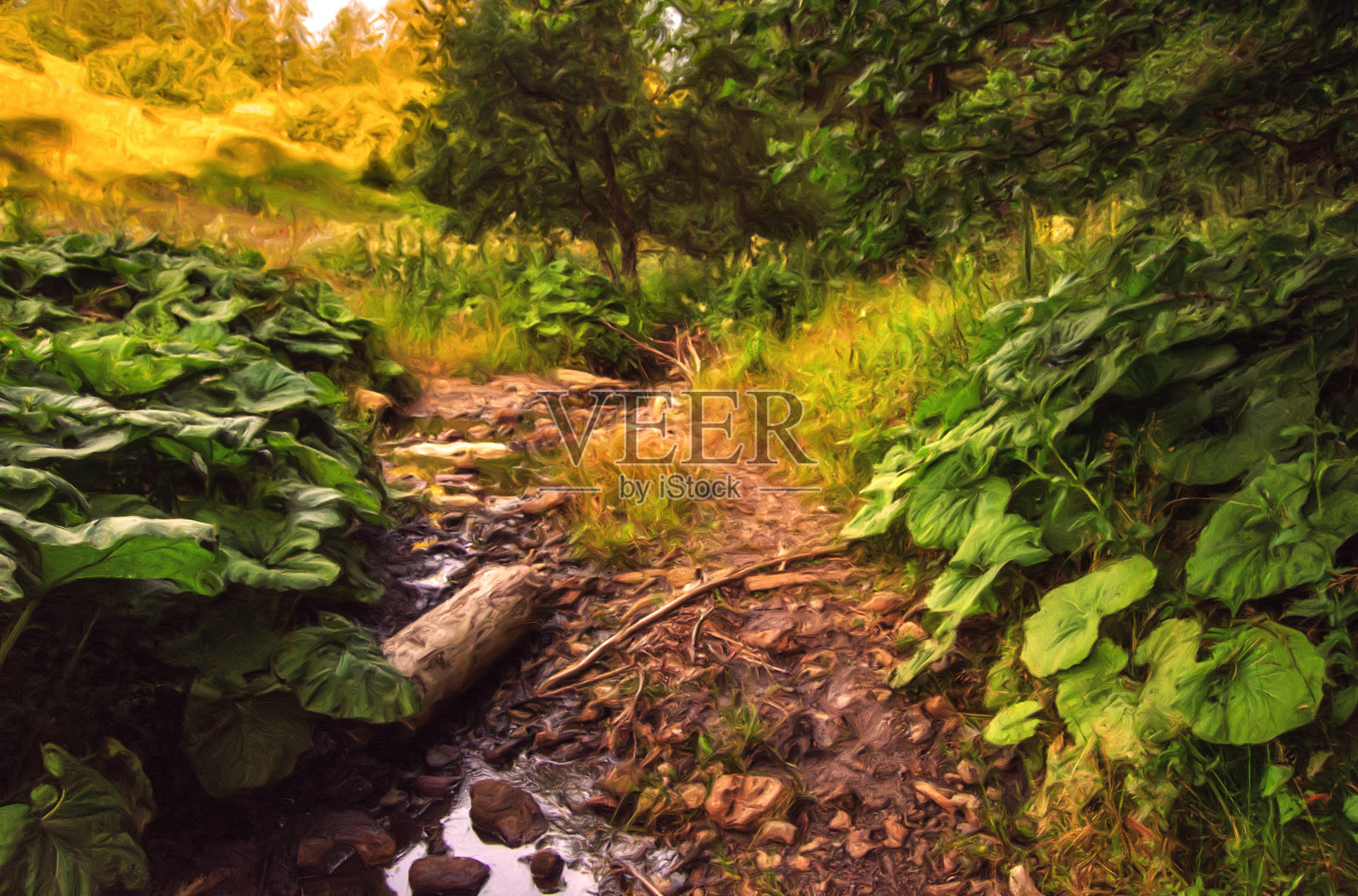 油画山水画-穿过森林的小路照片摄影图片