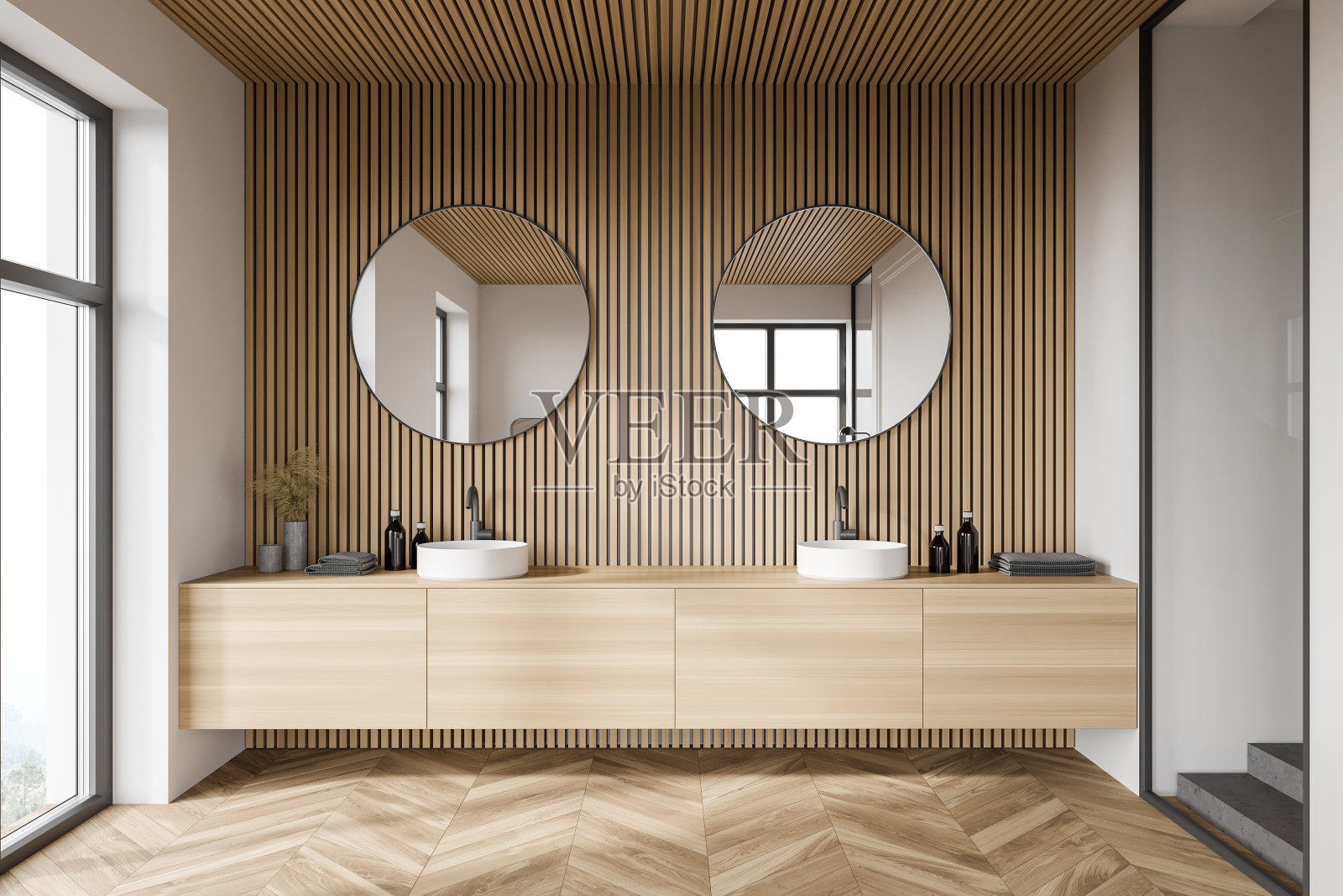 木质浴室内饰，双水槽照片摄影图片