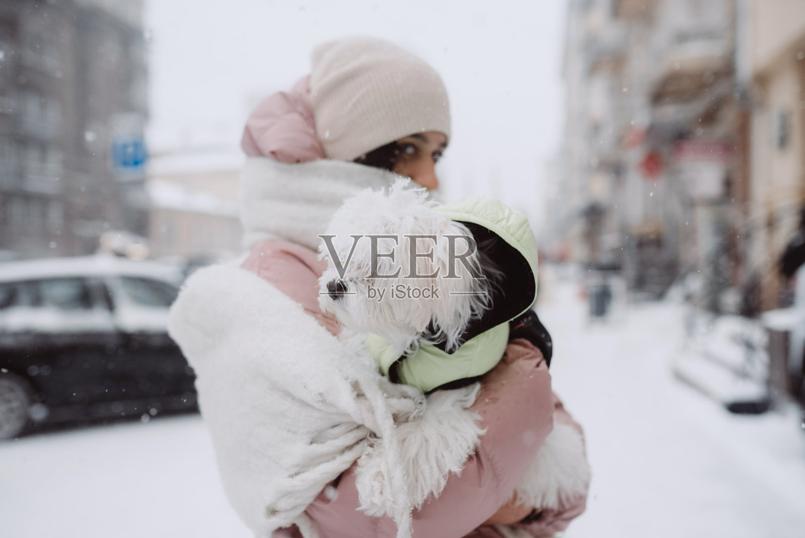 女孩抱着狗，雪花飘落照片摄影图片