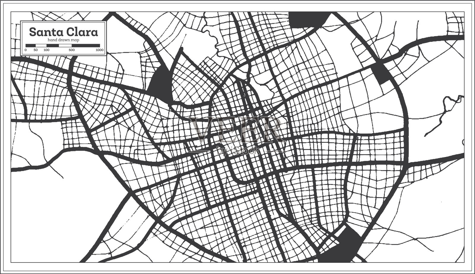 古巴圣克拉拉市黑白地图插画图片素材