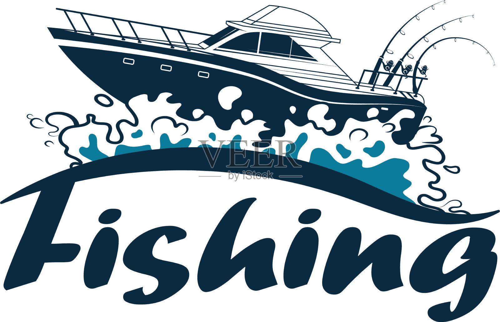 在波浪上有钓竿的渔船设计元素图片