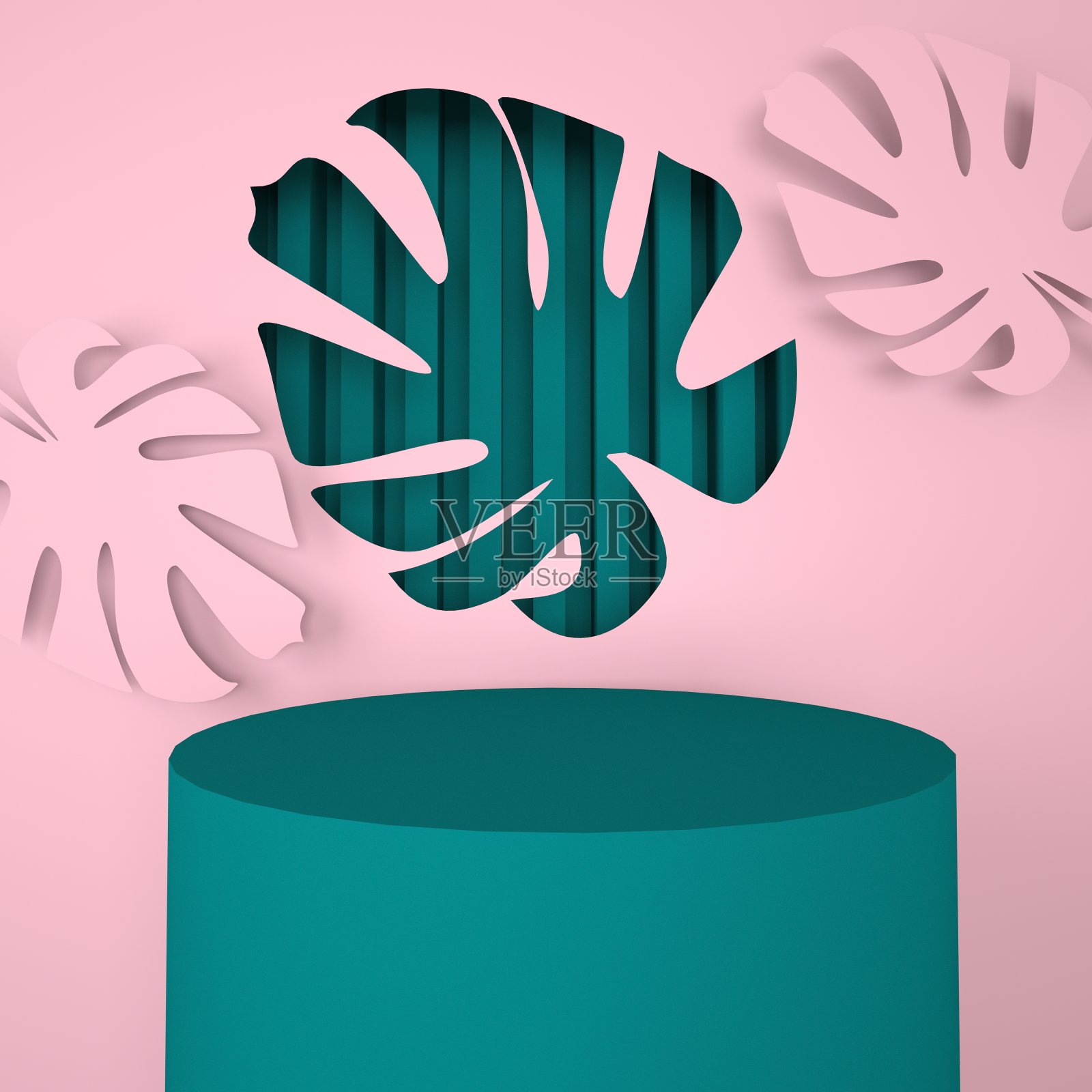 模型，讲台，显示与怪物叶热带植物背景，3d渲染照片摄影图片