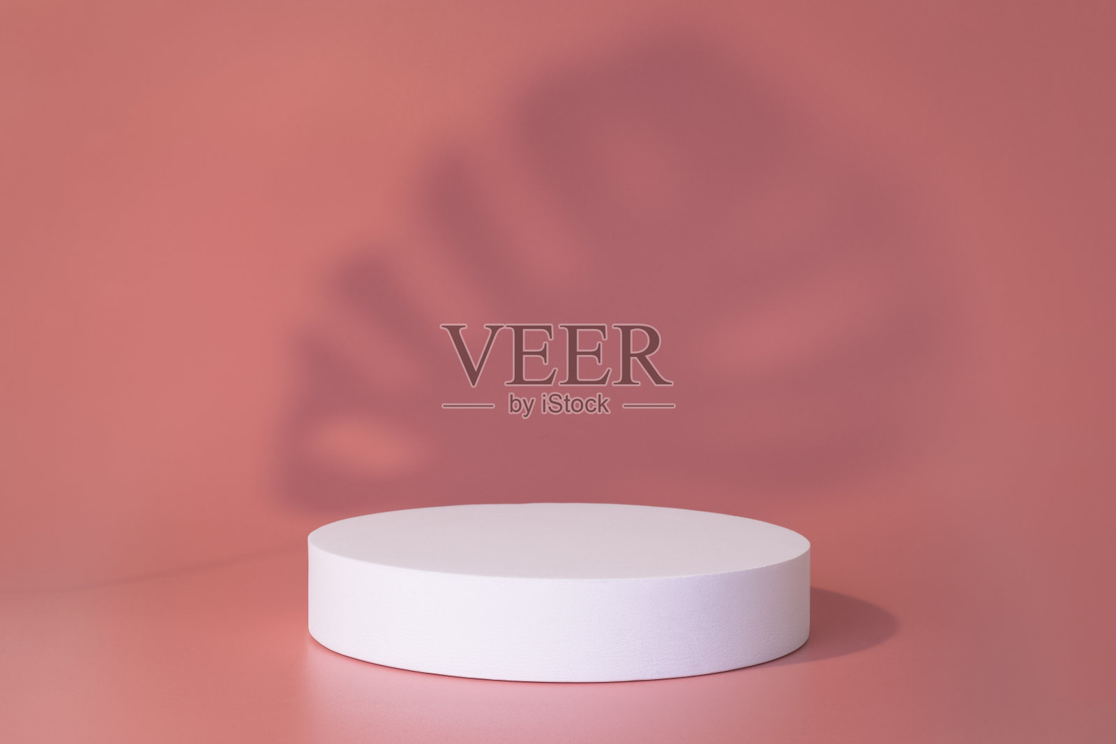 白色裙台在粉红色的背景上，带有树叶的阴影。产品，化妆品展示的讲台。创造性的模仿。美容产品的基座或平台。照片摄影图片