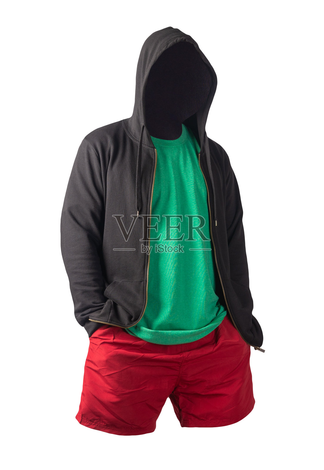 运动衫与铁拉链帽衫，t恤和运动短裤孤立的白色背景。照片摄影图片