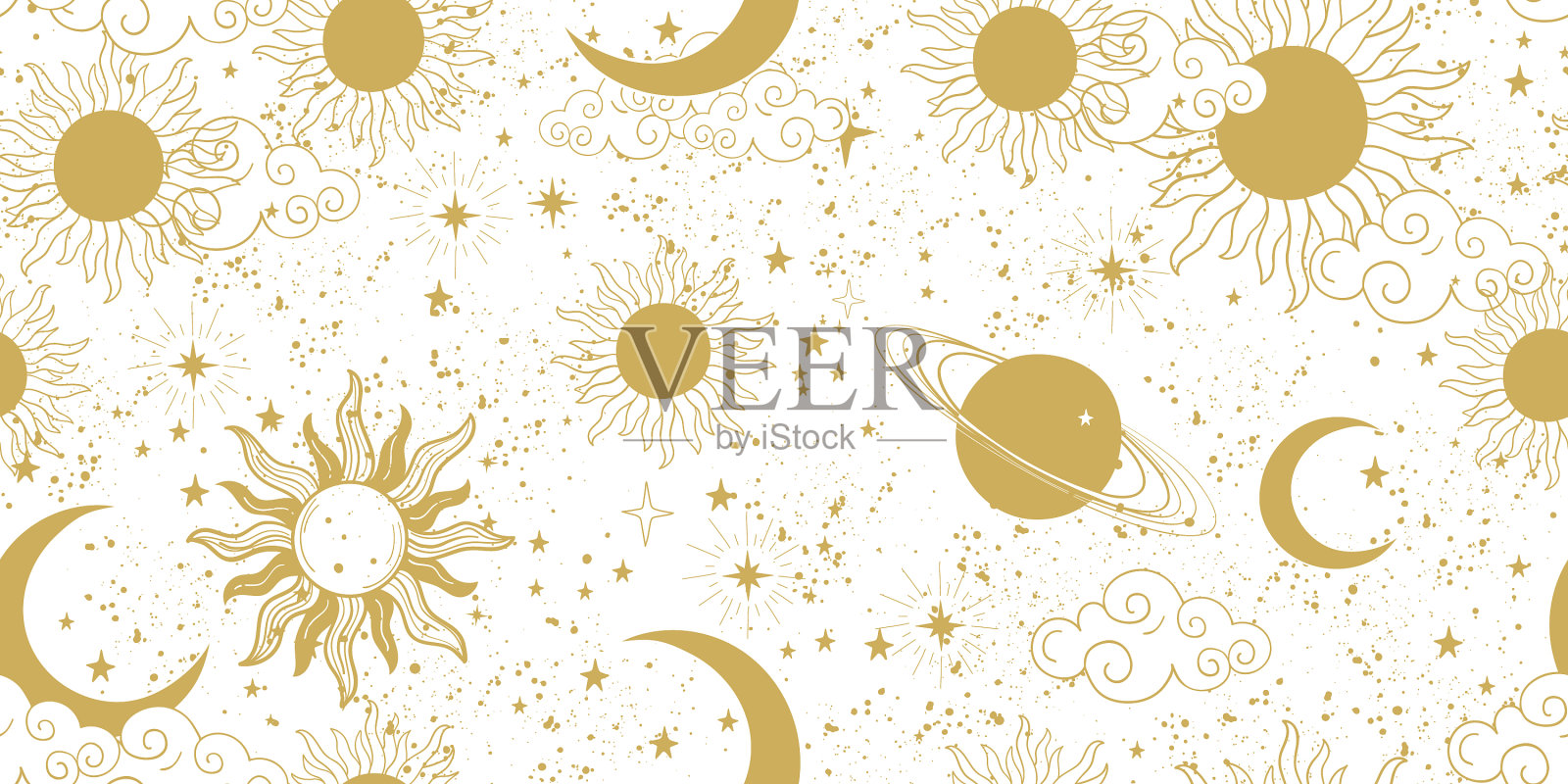 无缝的金色空间图案与太阳新月插画图片素材