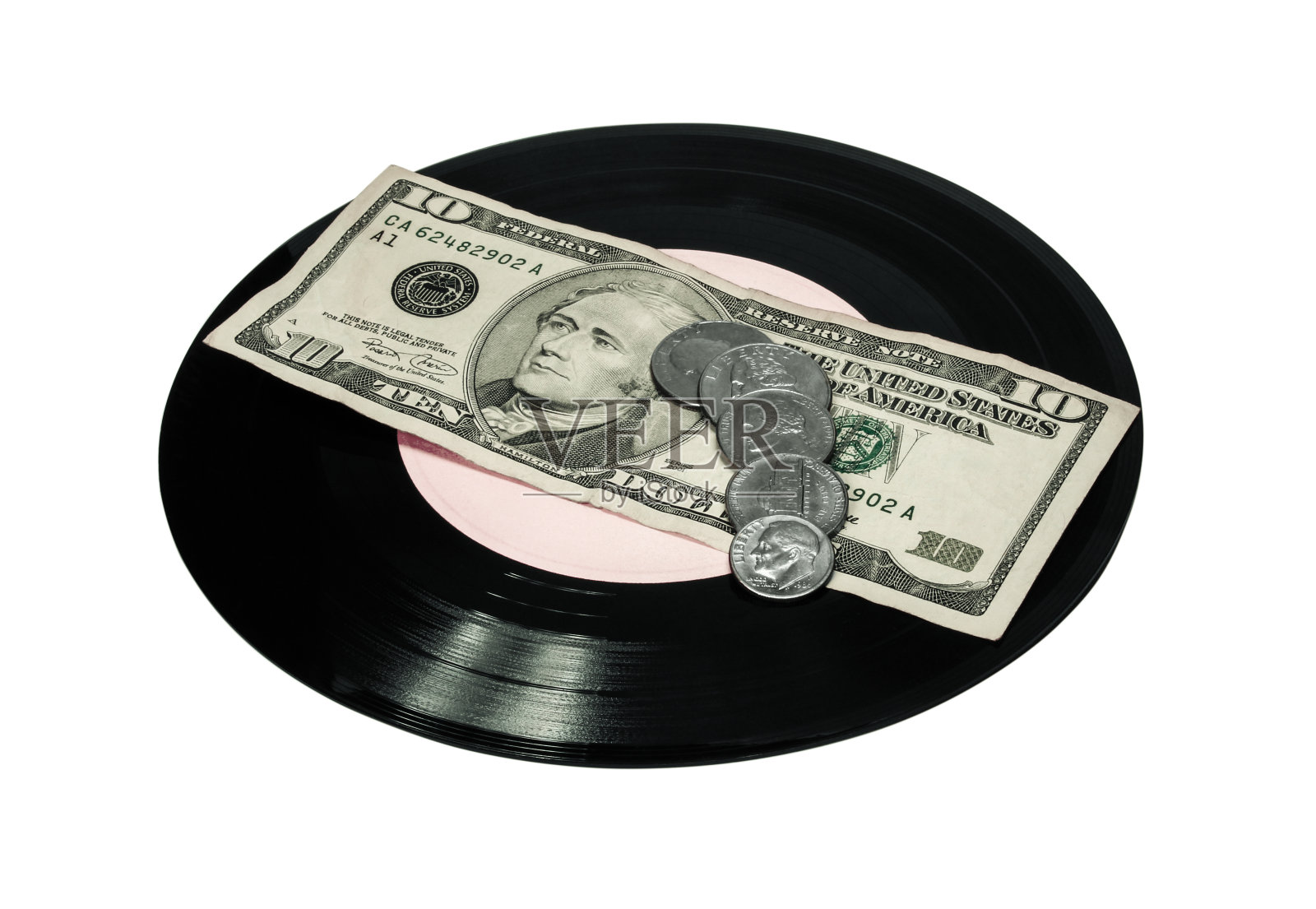 音乐、黑胶唱片和金钱照片摄影图片