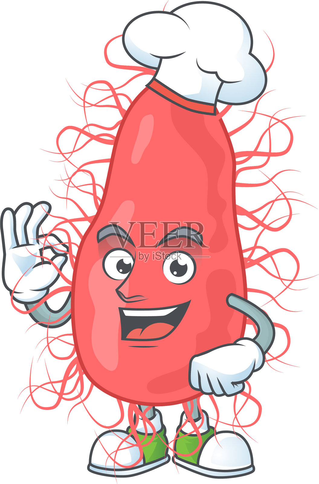 大肠杆菌卡通自豪地戴着白色厨师帽设计元素图片