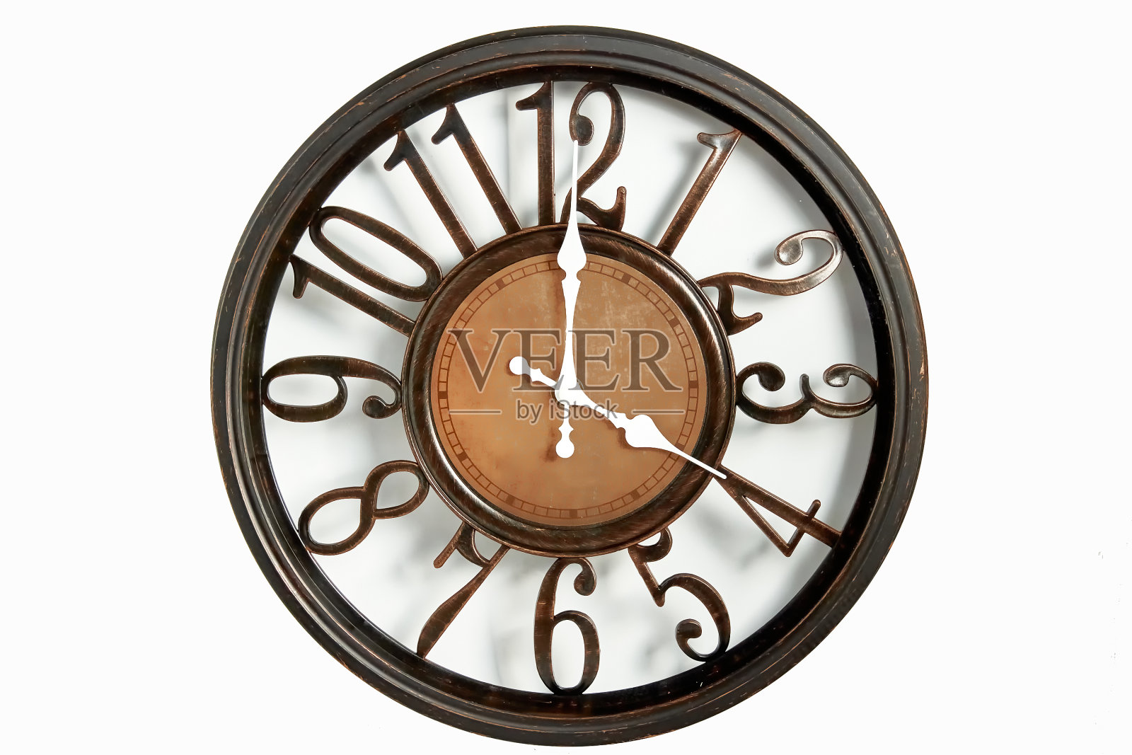 圆形挂钟靠近。照片摄影图片